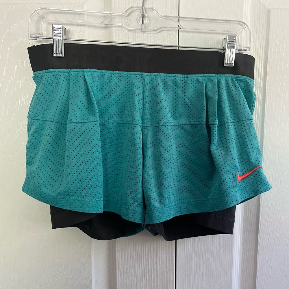 Nike Teal Athletic Two-Layer Running Shorts with Black Waistband and Red Swoosh